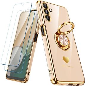 for Samsung Galaxy A13 5G/A04S Case with 2 Pack Screen Protector, 360° Rotatable Ring Holder [Luxury Hearts Pattern] Plating Gold Edge Slim Soft Phone Cover Case for Galaxy A13 - Purple in Kuwait