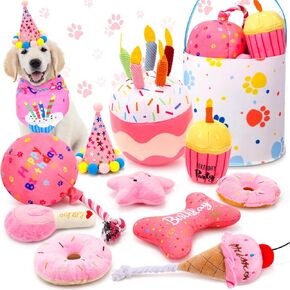 12 Pcs Birthday Dog Toy Set Squeaky Pink Balloon Dog Girl Plush Cake Hat Bandana Durable Teething Chew Toys for Training Teeth Birthday Party Supplies