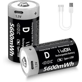 Rechargeable D Batteries 1.5V 5600mWh Lithium-ion Batteries with 4 in 1 USB-C Charging Cable, D Li-ion Batteries 1000 Cycles for Flashlight, Water Heater, Gas Stove (4 Pack)