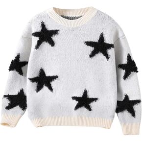 MakeMeChic Girl's Star Print Crew Neck Long Sleeve Sweater Drop Shoulder Knit Cute Pullovers
