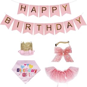 5 Pcs Dog Birthday Hat Bandana Dog Birthday Party Supplies Pink Dog Tutu Scarf Bow Birthday Hat Banner Set for Girl Boy Dog Birthday Decorations
