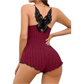 SOLY HUX Women's Lace Trim One Piece Sleepwear Spaghetti Strap Cami Romper Pajamas Loungewear