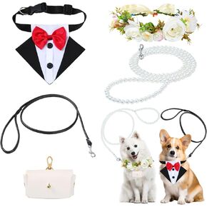 5 PCS Dog Wedding Outfit - Dog Leash and Collar Set Include Pearl Dog Leash, Dog Flower Collar, Dog Ring Bearer, Black Leash and Dog Wedding Bandana, Dog Wedding Attire for Engagement Wedding Party