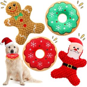Shappy 4 Pack Christmas Dog Plush Squeaky Toys Christmas Donut Chew Toys with Squeaker Durable Stuffed Toys for Medium Small Dogs Puppy Aggressive Chewers Interactive Xmas Gift