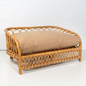 DBD1005A سرير نهاري للكلب مصنوع يدويًا من الخيزران البوهيمي مقاس 27.5 × 17 بوصة مع وسادة قابلة للغسل في الغسالة، طبيعي