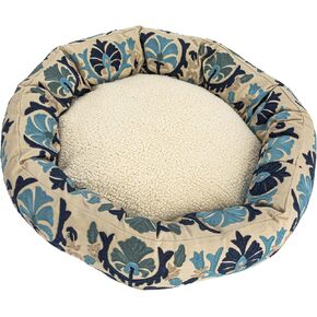 Creative Co-Op Round Floral Cotton and Sherpa Pet Bed, Natural, Blue and Grey
