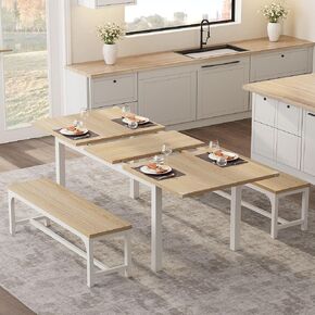 5-Piece Dining Table Set for 4-6, 63" Extendable Dining Room Table Set for 4,Dining Table Set for 6 with Metal Frame,Kitchen Table & Chairs Set with 2 Benches and 2 Stools,Ideal for Small Space-Walnut