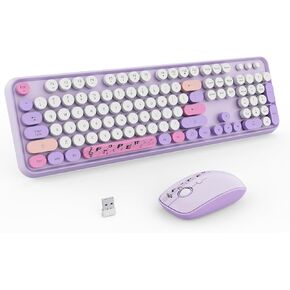FOPETT Wireless Keyboard and Mouse Combo - 2.4G Full-Sized White Keyboard with Round Keycaps 104 Keys Typewriter Keyboard for Laptop/Windows/PC - White