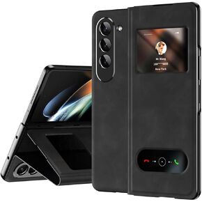 for Samsung Galaxy Z Fold 6 Maghetic Flip Folding Case, Open Window Design, High Luxurious Business Napa Leather Hidden Kickstand Full Body Hinge Protective Slim Cover - Black