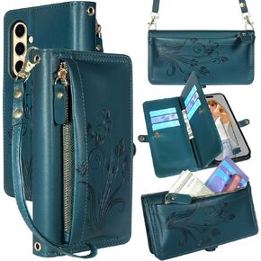 Lacass for Samsung Galaxy S24 FE Case Wallet,[Cards Theft Scan Protection] Card Holder Zipper Leather Flip Cover Crossbody Wrist Strap with Stand for Galaxy S24FE Phone case(Black)