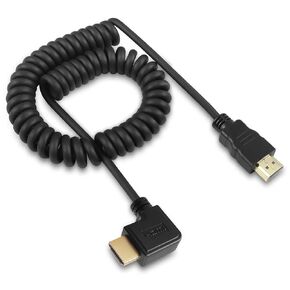 Right Angle HDMI Spring Cable，90 Degree HDMI Male to Male Coiled Cable,Coiled 19 inch Extended to 75 inch, Support 3D 1080P for Camera, Monitor