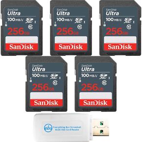 SanDisk 256GB Ultra SD Card (5 Pack) SDSDUNR-256G-GN3IN - Bundle with 1 Everything But Stromboli SD & MicroSD Card Reader