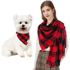 E-Clover Christmas Matching Dog and Owner-Dog Bandana Collar & Matching Scarf Girl Boy Adjustable Dog Collars for Small Medium Dogs Owner Mom Gift Red Black Buffalo Plaid