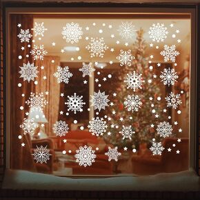 142PCS Christmas Window Static Cling Sticker, Snowflake Stickers Christmas Decorations, Waterproof Double-Sided Printed Xmas Window Clings Decals, Winter Stickers for Windows/Mirror/Fridge