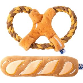 PAWTY Bread Set - Interactive Set - Tug Rope Snuffle Nosework Plush Toy with Squeaker - Chew Resistant Durable Pet Parody Game - Hide Treat Food Puzzle - Small Medium - Cute Puppy Gifts Birthday
