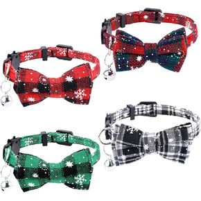 4pcs Christmas Cat Collar, Cat Collar with Bells and Bow Tie Plaid Cat Collar Breakaway Adjustable Kitten Puppy Collar for Pets Supplies