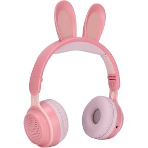 Foldable Bluetooth 5.0 Headphones with Microphone Cute Rabbit Ear Over Ear Headphones for Green Kids Teens Adults, 12 Hours of Listening Time, TF/Aux, Built in 7