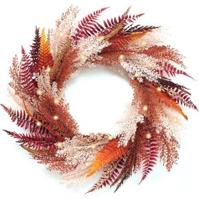 DecorbyHannah Fall Wreath, 24'' Pre-Lit Artificial Pampas Grass Wreath for Front Door, Boho Farmhouse Wall Decor for Thanksgiving Autumn Harvest Home Outdoor Decorations