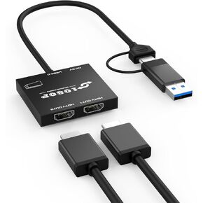 USB 3.0 to Dual HDMI Adapter for Windows 10/11, Two HDMI Monitors or Projectors Using Single USB Type-A or Type-C Port to 1920 * 1080@60Hz