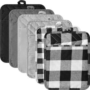 R HORSE 6Pcs Pot Holder with Pocket for Kitchen Black Pocket Pot Holder Set Cotton Heat Resistant Potholder Terry Cloth Coaster Kitchen Hot Pad Oven Mitts Hot Pads Trivet for Baking Cooking 7''x9''