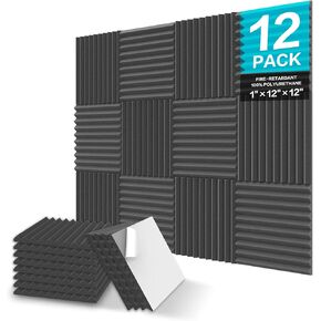 JBER 12 Pack Acoustic Foam Panels, 1" X 12" X 12" Sound Proof Foam Panels for Walls, High Desnsity Studio Soundproofing Wedges - Fire Resistant & Noise Absorbing for Studio, Office, Home (Black)