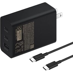 65W 3-Port Super Fast Charging Wall Charger for Samsung Galaxy S24/S23/S22/S21/S20 Series Note 20 Z Fold 5 Z Flip 5 iPhone 15/Pro MacBook Pro/Air Tablet Dell XPS Laptops and More(Type C Cable x 1)