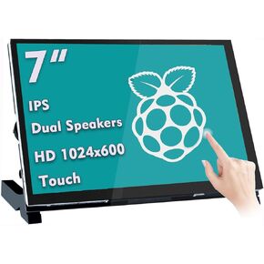No-Cable-Needed Drive-Free Dual-Speaker Raspberry Pi Screen 7 Inch Touchscreen Small Monitor FHD 1024×600 IPS Screen Display Portable HDMI Monitor for Raspberry Pi 4b 3b+ Pi 4 3 2 Model B Windows