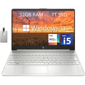 HP 15.6'' FHD Everyday Laptop, Intel Core i5-1135G7, 32GB RAM, 1TB PCIe SSD, Intel Iris Xe Graphics, Wi-Fi 6, Ture Vision HD Camera, Full-Size Keyboard, Win11 Home, Silver, 32GB USB Card (Renewed)