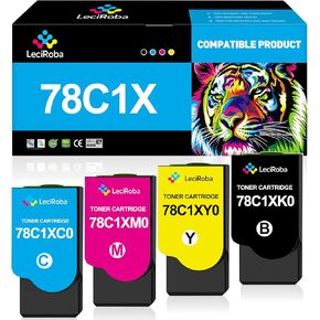 LeciRoba 8500-Pages Replacement for Lexmark 78C1XK0 78C1XC0 78C1XM0 78C1XY0 for Lexmark CS421 CX421 CS421DN CX421ADN CS521 CS521DN CX522 CX522ADE CS622 CX622 CX625 CX625adhe (4-Pack)