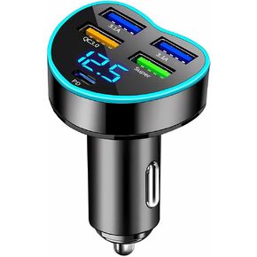66W 5Ports Car Charger, Super Fast Vehicle Charging with USB PD & QC 3.0 with LED Voltmeter for Phone Tablet, 12V-24V Auto Cigarette Lighter Plug Adapter, Universal for Most Cars