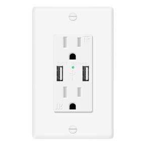 منفذ USB على الحائط، منفذ USB AllChinaFiber 4.2A باللون الأبيض مع وعاء تيار متردد مزدوج مقاوم للعبث بقدرة 15 أمبير، لوحة حائط بدون براغي متضمنة، حزمة واحدة