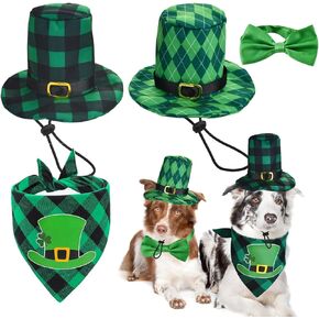 Vehomy 4pcs St Patrick's Day Dog Hat Collar and Bandana Costumes Buffalo Plaid Dog Hats Cotton Dog Shamrock Scarf Bowtie Irish Holiday Day Pet Outfit Accessories for Cats Dogs