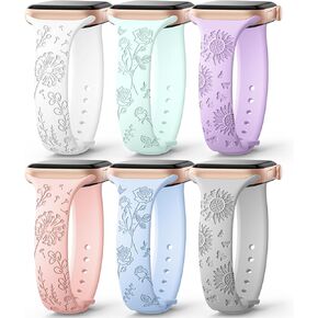 AMSKY 6 Pack Slim Floral Engraved Bands Compatible with Apple Watch Band 40mm 41mm 42mm 38mm 44mm 45mm 46mm 49mm for Women,Cute Silicone Sport Strap for iWatch Series 10 Ultra 9 8 7 6 5 4 3 2 1 SE