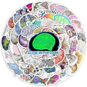 51 Pcs Creative Colorful Brain Aesthetics Stickers for Water Bottle, Glow in The Dark Vinyl Waterproof Laptop Decals for Adults, Luggage Helmet Phone Cases Skateboard Personalized Decorations