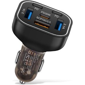 6 Ports 6 in 1 Multi port PD30W Fast Charge USB C Car Charger 12v 24v Cigarette Lighter Adapter compatible with Iphone 16 15 14 13 12 11 Samsung Huawei Xiaomi and more Android Phone Car Charger