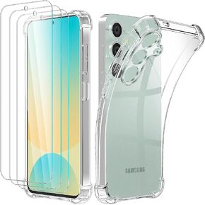 Jasmease for Samsung Galaxy S24 FE Case with Screen Protector [3 Pack], Crystal Clear Bumper Shockproof Phone Case Flexible TPU Silicone Cover for Galaxy S24 FE-Transparent
