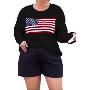 MakeMeChic Women's Plus Size American Flag Long Sleeve Crew Neck Drop Shoulder Loose Oversized Fall Sweaters Trendy