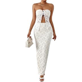 GORGLITTER Women's 2 Piece Sets Lace Strapless Bandeau Tube Top and Split Bodycon Maxi Skirt Set Trendy Summer Outfit