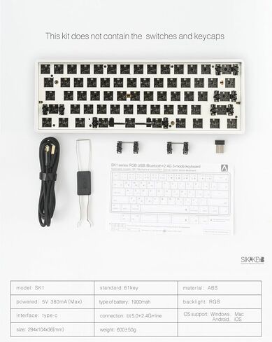 SK1 DIY Mechanical Keyboard Kit, ABS 60% Layout RGB Hot Swap 3Pin/5 Pin Switch,Tri-Mode BT5.0/2.4GHz/Type-C Wired, GH60 Compatible (White, no Switch and keycap) in Saudi Arabia