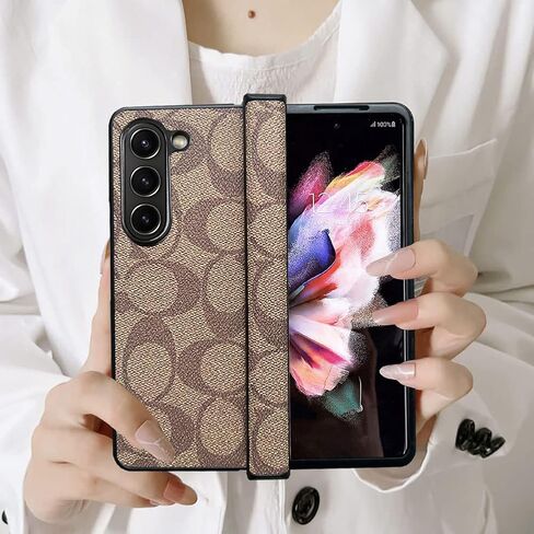 for Galaxy Z Fold 5 Case with Hinge Protection, Luxury Designer PU Leather Full Body Anti-Fingerprint Shockproof Protective Phone Cover for Samsung Galaxy Z Fold 5 Khaki in Saudi Arabia