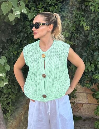 Womens Sleeveless Knit Cardigan Casual Cropped Button Down Sweater Vest Open Front Tops with Pockets in Kuwait
