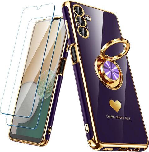 for Samsung Galaxy A13 5G/A04S Case with 2 Pack Screen Protector, 360° Rotatable Ring Holder [Luxury Hearts Pattern] Plating Gold Edge Slim Soft Phone Cover Case for Galaxy A13 - Purple in Kuwait