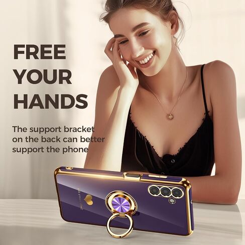 for Samsung Galaxy A13 5G/A04S Case with 2 Pack Screen Protector, 360° Rotatable Ring Holder [Luxury Hearts Pattern] Plating Gold Edge Slim Soft Phone Cover Case for Galaxy A13 - Purple in Kuwait