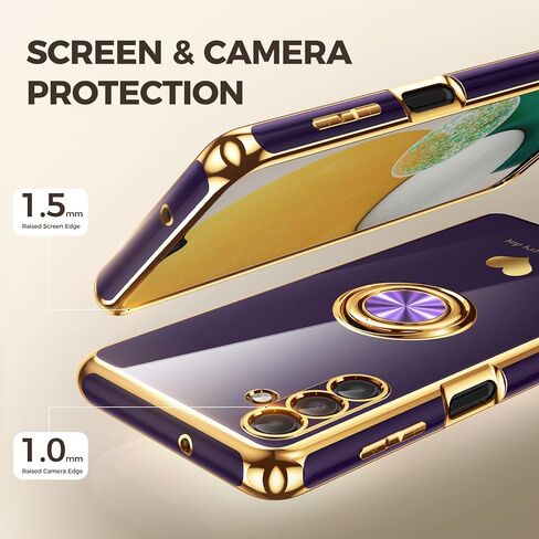 for Samsung Galaxy A13 5G/A04S Case with 2 Pack Screen Protector, 360° Rotatable Ring Holder [Luxury Hearts Pattern] Plating Gold Edge Slim Soft Phone Cover Case for Galaxy A13 - Purple in Kuwait