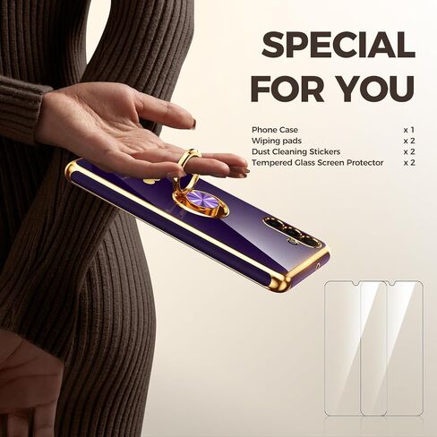 for Samsung Galaxy A13 5G/A04S Case with 2 Pack Screen Protector, 360° Rotatable Ring Holder [Luxury Hearts Pattern] Plating Gold Edge Slim Soft Phone Cover Case for Galaxy A13 - Purple in Kuwait