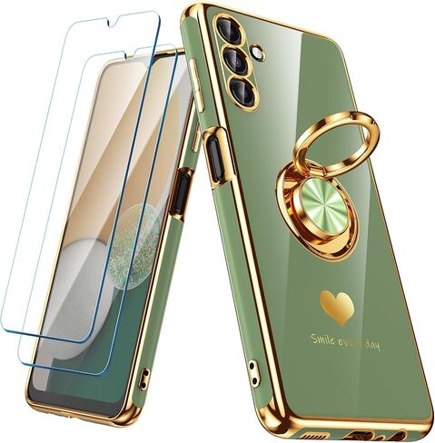 for Samsung Galaxy A13 5G/A04S Case with 2 Pack Screen Protector, 360° Rotatable Ring Holder [Luxury Hearts Pattern] Plating Gold Edge Slim Soft Phone Cover Case for Galaxy A13 - Purple in Kuwait