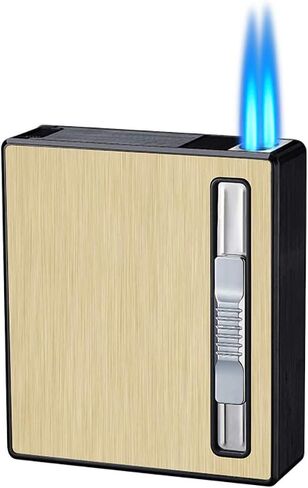 Cigarette Case Module with Windproof Lighter for Whole Package Cigarettes 20pcs,Torch Lighter Dual Jet Flame Refillable Butane Lighter,Protable Cigarettes Case Box,Gas Not Included (Gold) in Saudi Arabia