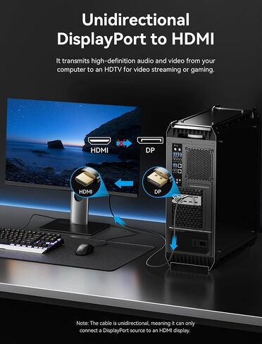 كابل VENTION DisplayPort إلى HDMI 8K (8K@60 هرتز، 4K@144 هرتز، 2K@165 هرتز) 6FT DP 1.4 إلى HDMI 2.1 سلك مجدول أحادي الاتجاه يدعم HDCP 2.3/HDR 10/DSC متوافق مع HP وLenovo وDell وAMD وNVIDIA in Saudi Arabia