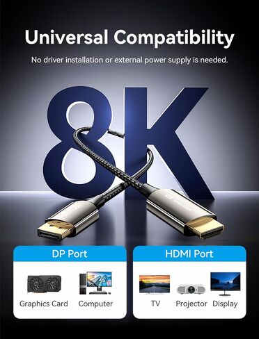 كابل VENTION DisplayPort إلى HDMI 8K (8K@60 هرتز، 4K@144 هرتز، 2K@165 هرتز) 6FT DP 1.4 إلى HDMI 2.1 سلك مجدول أحادي الاتجاه يدعم HDCP 2.3/HDR 10/DSC متوافق مع HP وLenovo وDell وAMD وNVIDIA in Saudi Arabia