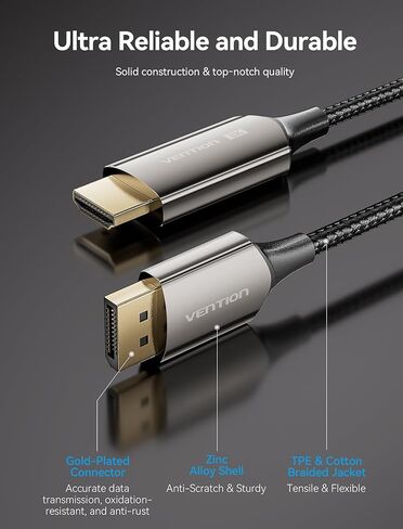 كابل VENTION DisplayPort إلى HDMI 8K (8K@60 هرتز، 4K@144 هرتز، 2K@165 هرتز) 6FT DP 1.4 إلى HDMI 2.1 سلك مجدول أحادي الاتجاه يدعم HDCP 2.3/HDR 10/DSC متوافق مع HP وLenovo وDell وAMD وNVIDIA in Saudi Arabia